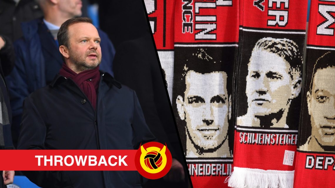 Split image of Ed Woodward standing in crowd and Manchester United scarves of Juan Mata, Bastian Schweinsteiger, Morgan Schneiderlin and Memphis De...