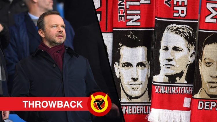 Split image of Ed Woodward standing in crowd and Manchester United scarves of Juan Mata, Bastian Schweinsteiger, Morgan Schneiderlin and Memphis De...