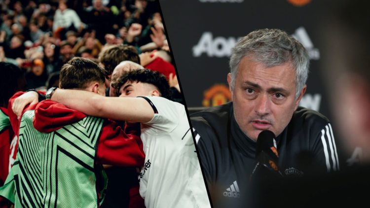 Split image, Jack Moorhouse involved in celebrations with Old Trafford crowd and Jose Mourinho in Manchester United training jacket in 2018.
