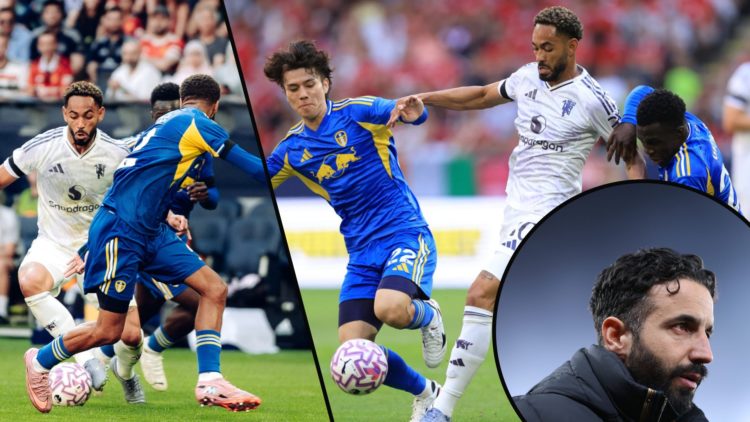 Manchester United summer signing Matheus Cunha vs Leeds United, inset a photo of the former Wolves ace, inset an overlay of Ruben Amorim.