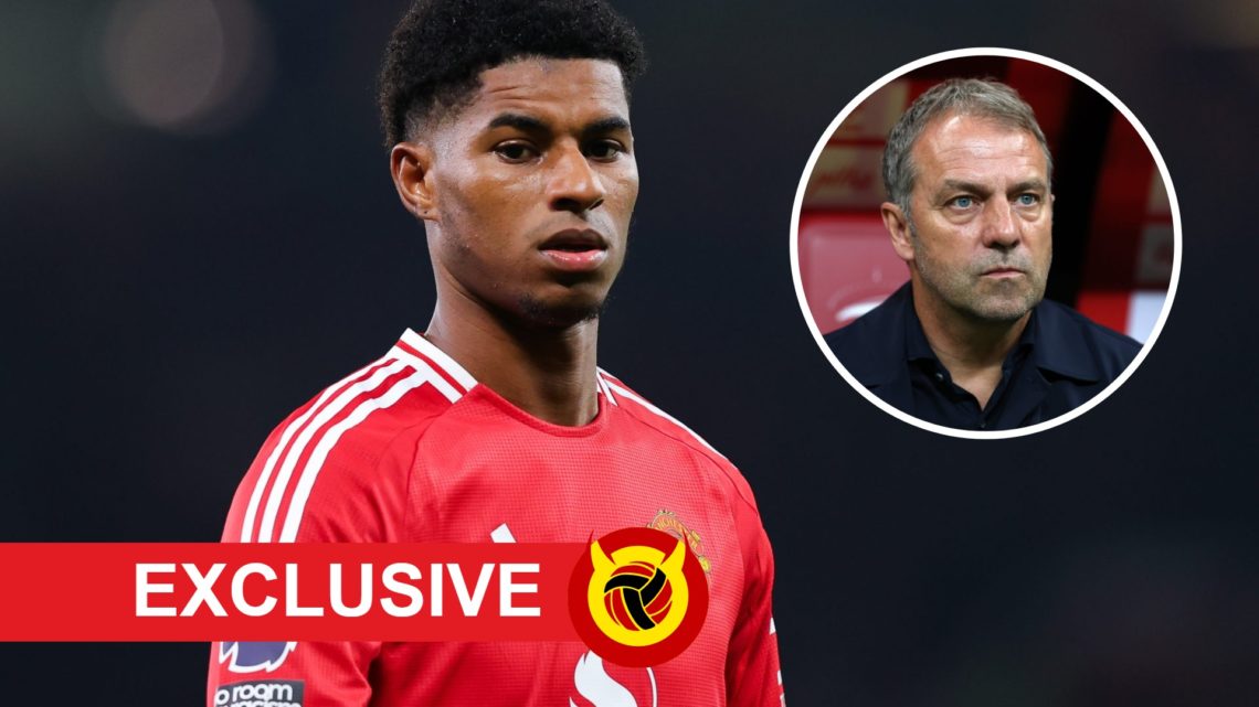 Manchester United forward Marcus Rashford, inset of Barcelona manager Hansi Flick.
