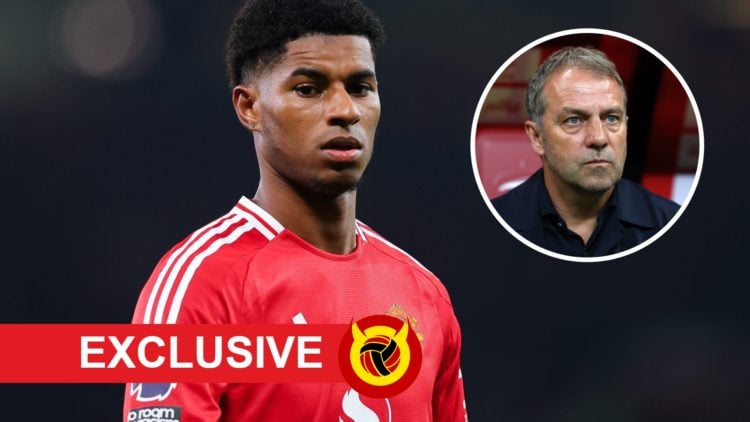 Manchester United forward Marcus Rashford, inset of Barcelona manager Hansi Flick.