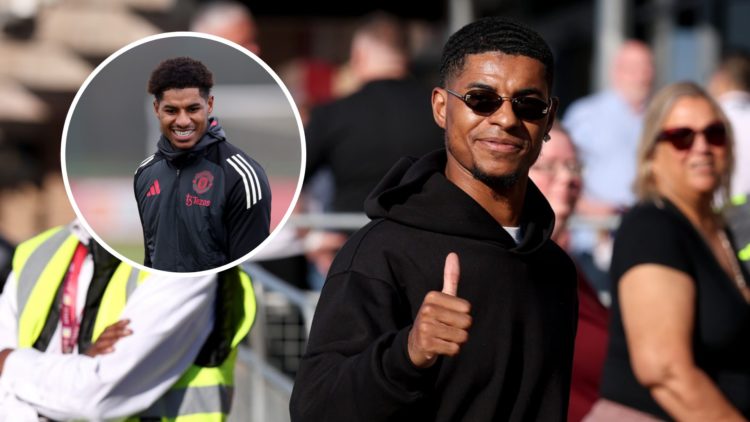 Marcus Rashford arrives for an Aston Villa match, inset of Rashford training at Carrington.
