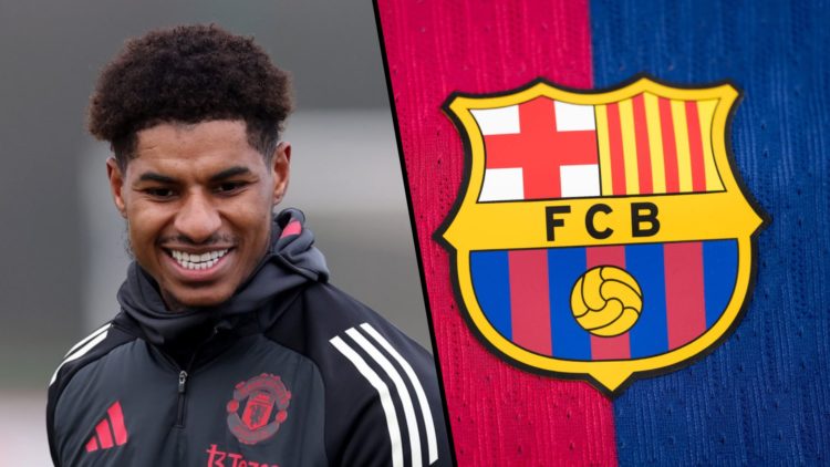 Split image, Marcus Rashford during Manchester United training and Barcelona badge.