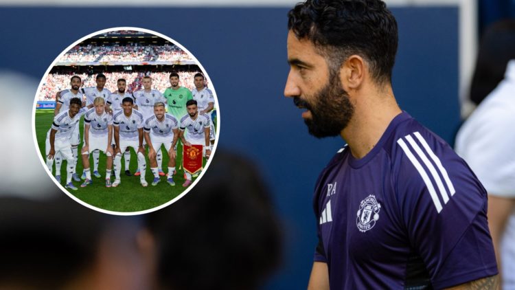 Manchester United head coach Ruben Amorim in pre-season, inset of squad photo to face Leeds United.