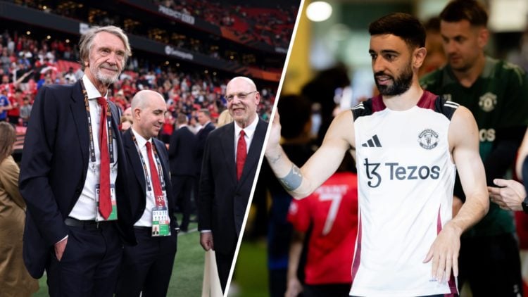 Manchester United co-owner Sir Jim Ratcliffe, CEO Omar Berrada, split image with club captain Bruno Fernandes.
