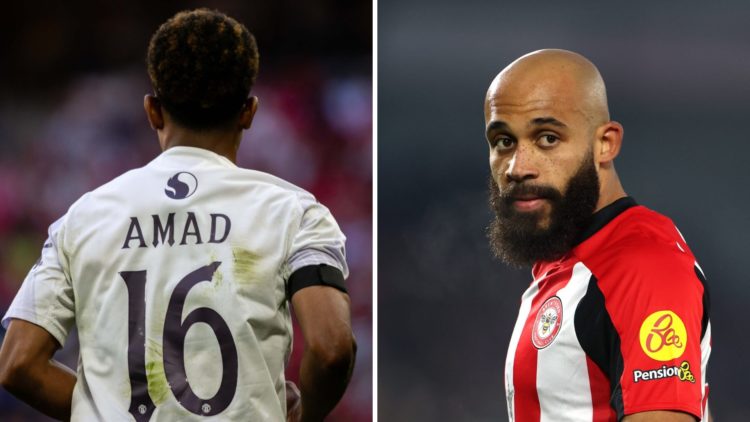 Split image of Manchester United winger Amad Diallo (L) and Bryan Mbeumo of Brentford (R).