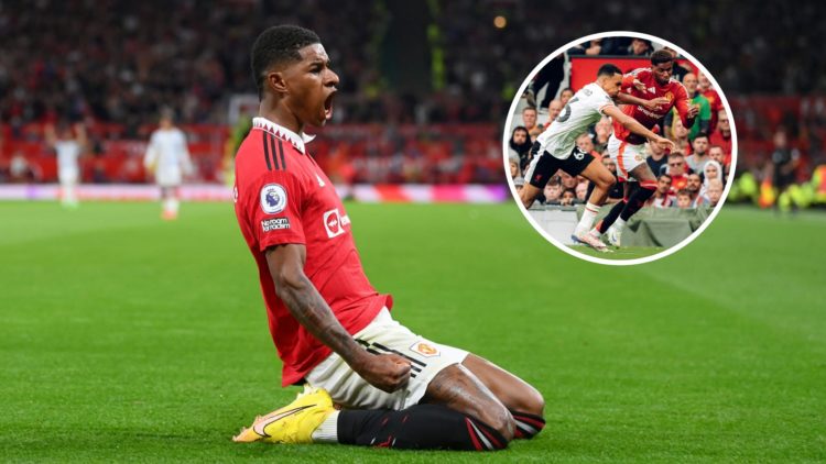 Marcus Rashford celebrates scoring for Manchester United against Liverpool, inset of duel with Trent Alexander-Arnold.