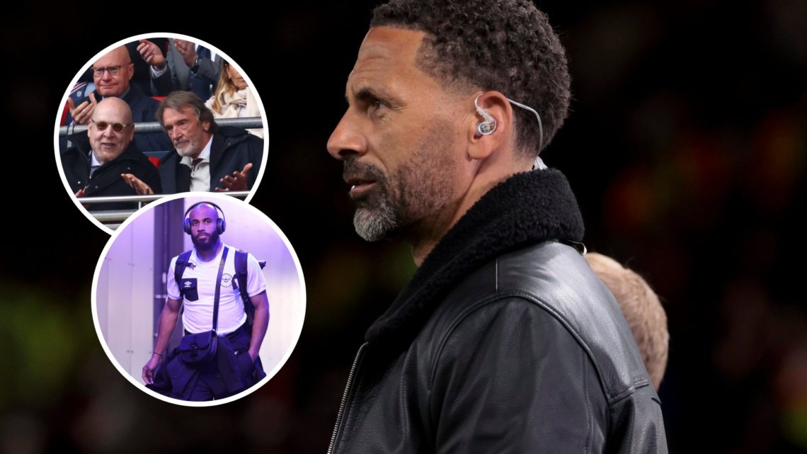 Rio Ferdinand as analyst, insets Glazers sitting with Sir Jim Ratcliffe, Bryan Mbeumo