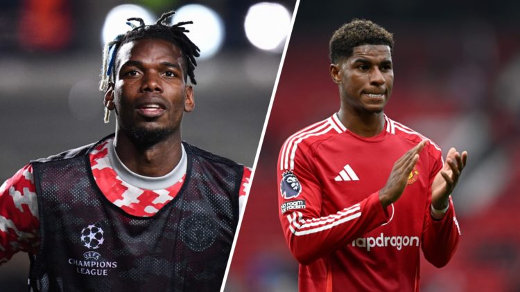 A split image of Paul Pogba warming up for Manchester United (L) and Manchester United forward Marcus Rashford (R)
