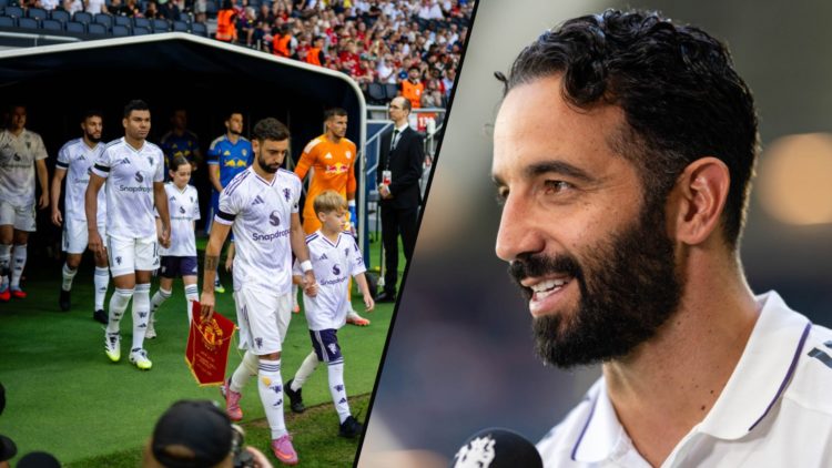 Ruben Amorim does a pre-match interview, inset a photo of Manchester United players ahead of the friendly against Leeds United.