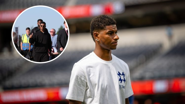 Manchester United forward Marcus Rashford arrives at stadium, inset of Rashford travelling.