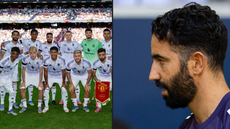 Ruben Amorim ahead of a pre-season friendly match, inset Manchester United players before they face Leeds United.
