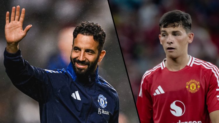 Split image, Ruben Amorim waves to Manchester United fans in Hong Kong and Shea Lacey in first-team action.
