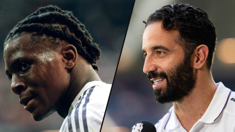 Manchester United defender Patrick Dorgu vs Leeds United, inset a photo of Manchester United manager Ruben Amorim.