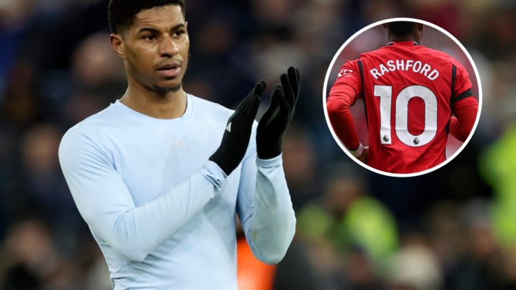 Manchester United forward Marcus Rashford applauds fans, inset of Rashford's No.10 shirt.