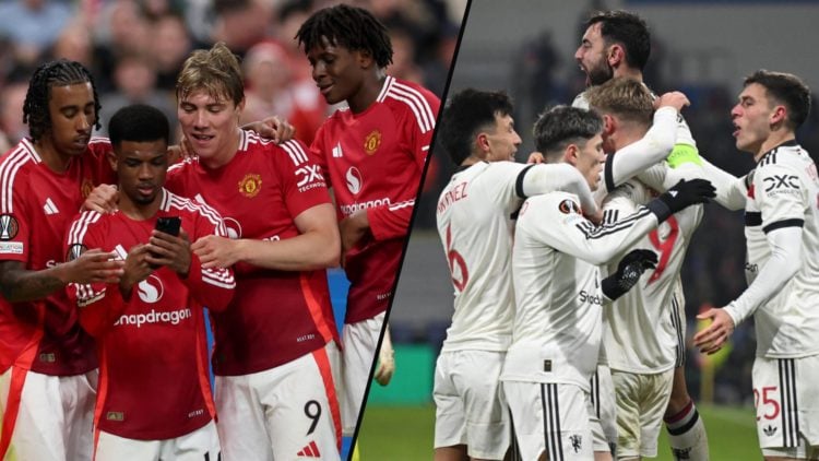 Rasmus Hojlund celebrates with his Manchester United teammates, inset a photo of Manchester United players with the Denmark striker.