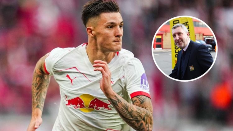 RB Leipzig striker Benjamin Sesko in action, inset of Manchester United director Jason Wilcox.