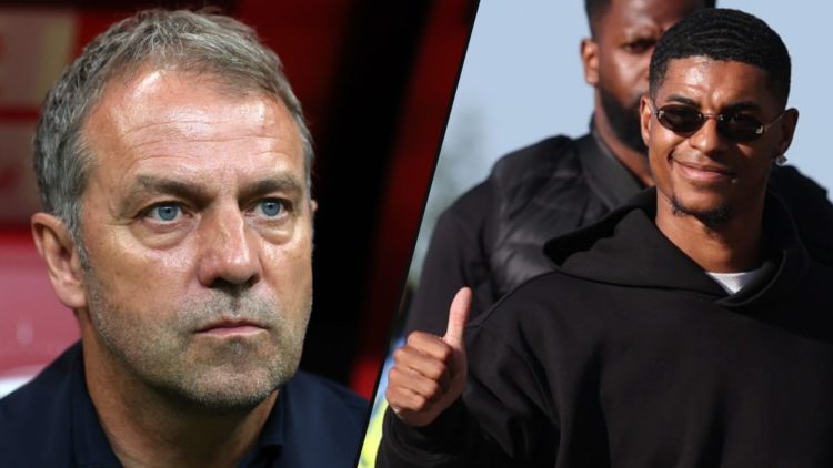 Manchester United player and former Aston Villa star Marcus Rashford, inset a photo of Barcelona manager Hansi Flick.