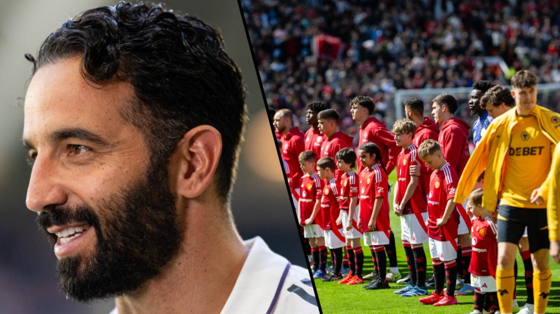 Manchester United manager Ruben Amorim ahead of the Leeds United match, inset a photo of Manchester United players.