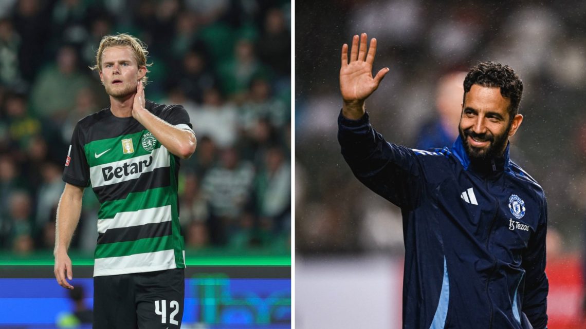 Sporting Lisbon midfielder Morten Hjulmand, split image with Manchester United head coach Ruben Amorim.