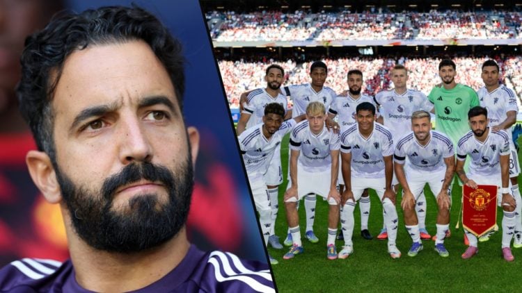 Altay Bayindir in the Manchester United line-up for the Leeds United match, inset a photo of Manchester United manager Ruben Amorim.