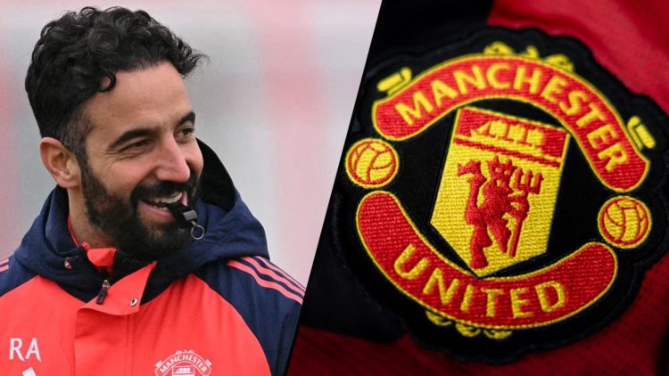 Manchester United manager Ruben Amorim takes a training session at the Carrington training complex, inset a photo of the Manchester United badge.