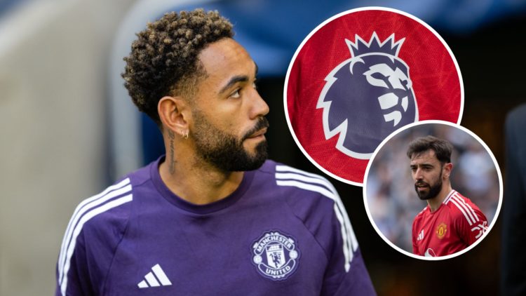 Manchester United forward Matheus Cunha, inset of Premier League logo and Bruno Fernandes.