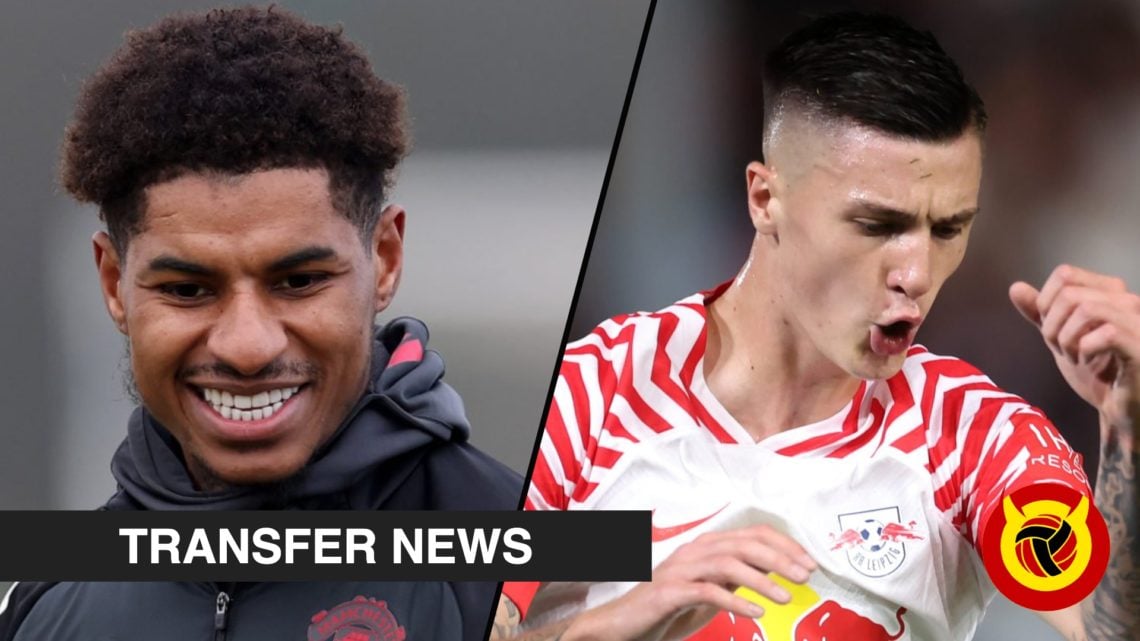 Manchester United-linked Benjamin Sesko playing for RB Leipzig, inset a photo of Barcelona-bound player Marcus Rashford.