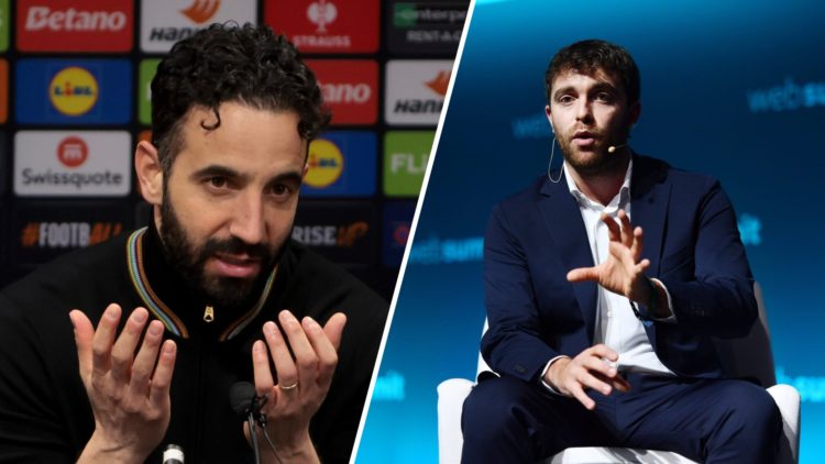A split image of Manchester United boss Ruben Amorim (L) and journalist Fabrizio Romano (R)