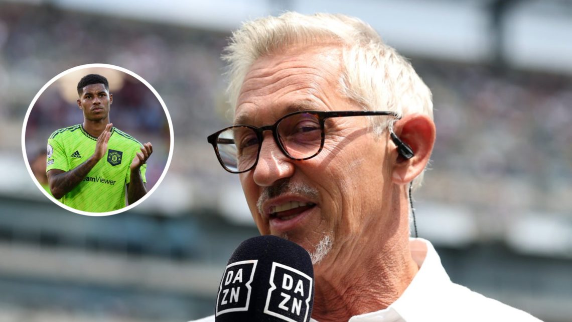Gary Lineker on punditry duty, inset Marcus Rashford in Man Utd jersey
