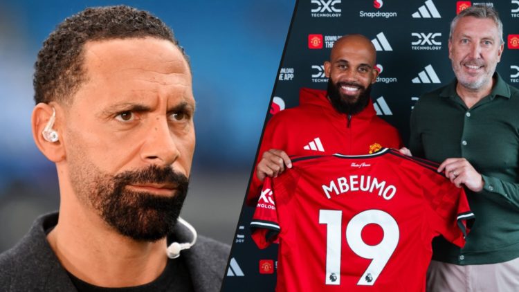 Former Brentford star Bryan Mbeumo with Manchester United director of football Jason Wilcox, inset a photo of pundit Rio Ferdinand.
