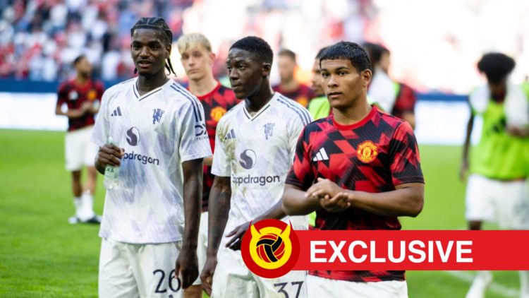 Kobbie Mainoo, Ayden Heaven and Diego Leon after Manchester United friendly. Overlaid UIF logo and exclusive banner.