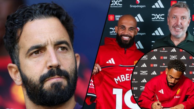 Manchester United boss Ruben Amorim, inset a photo of ex-Brentford star Bryan Mbeumo, inset an overlay of ex-Wolves ace Matheus Cunha.