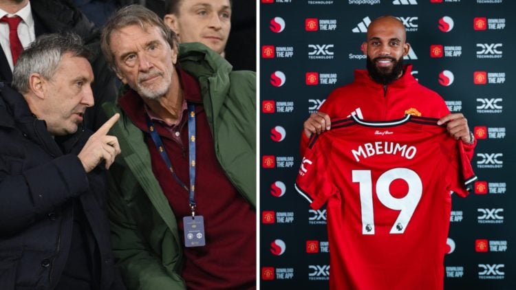Split image of Manchester United chiefs Jason Wilcox and Sir Jim Ratcliffe (L), and new signing Bryan Mbeumo being unveiled.