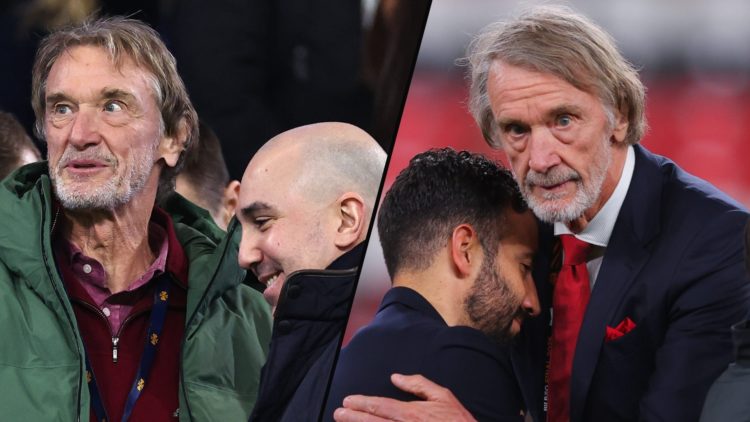 Sir Jim Ratcliffe and Manchester United manager Ruben Amorim, inset a photo of the Ineos chief with Manchester United CEO Omar Berrada.
