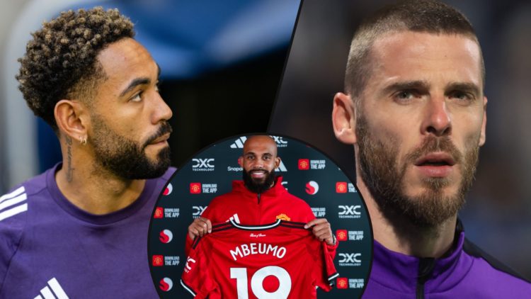 Manchester United legend David de Gea during a Fiorentina match, inset a photo of Matheus Cunha, inset an overlay of Bryan Mbeumo.