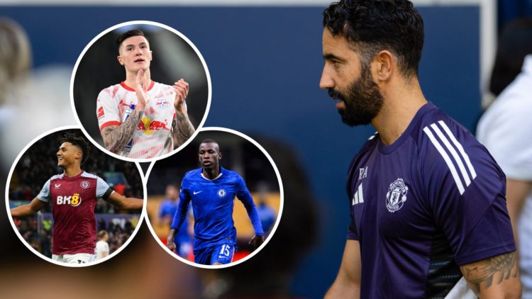 Manchester United head coach Ruben Amorim, Chelsea's Nicolas Jackson, RB Leipzig's Benjamin Sesko, Aston Villa's Ollie Watkins.