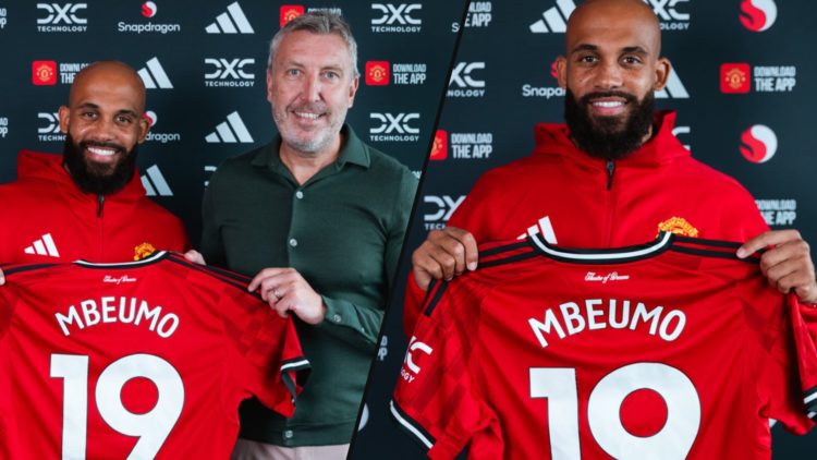 Bryan Mbeumo poses with Manchester United director of football Jason Wilcox, inset a photo of the former Brentford star.