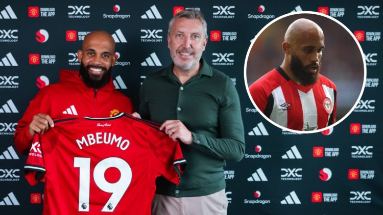 Bryan Mbeumo announced as new Man United signing alongside Jason Wilcox, inset of Mbeumo at Brentford.