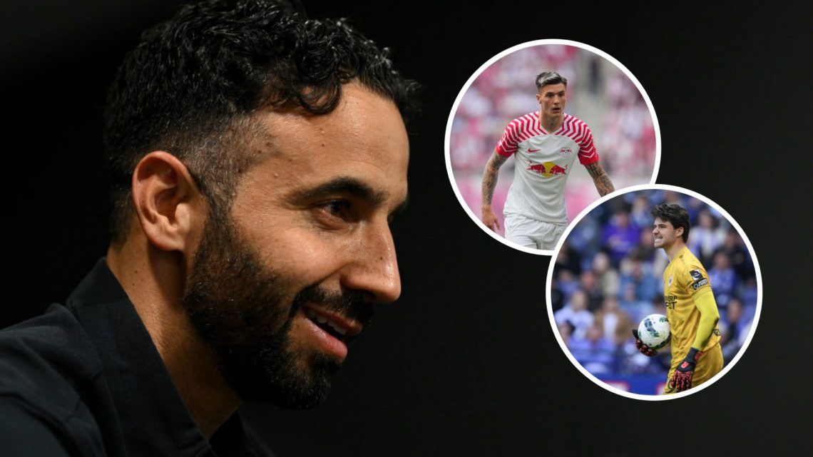 Manchester United head coach Ruben Amorim, Senne Lammens and Benjamin Sesko.
