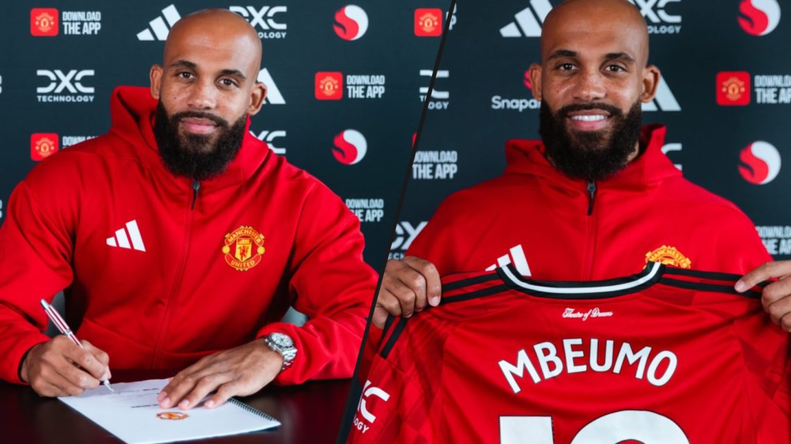 Bryan Mbeumo poses after signing for Manchester United at Carrington, inset a photo of the former Brentford player.