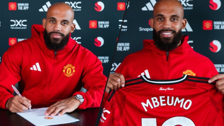Bryan Mbeumo poses after signing for Manchester United at Carrington, inset a photo of the former Brentford player.