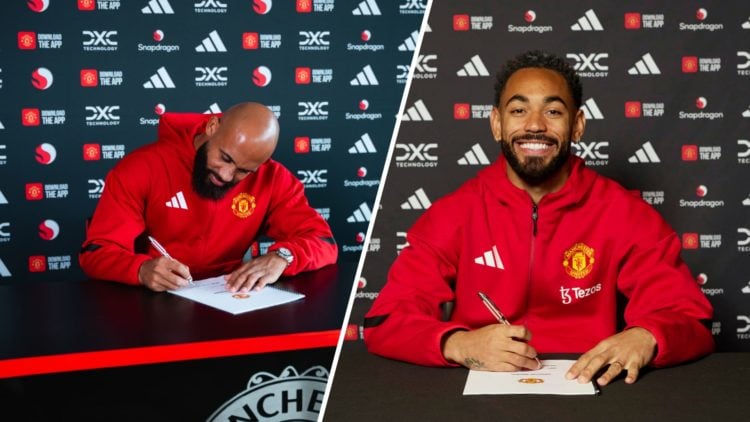 Split image of Manchester United signings Bryan Mbeumo and Matheus Cunha.