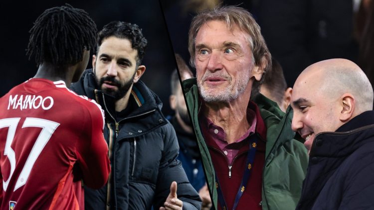 Manchester United manager Ruben Amorim and Kobbie Mainoo, inset Ineos chief Sir Jim Ratcliffe and Manchester United CEO Omar Berrada.