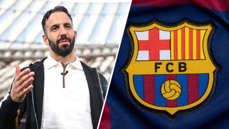 A split image of Manchester United boss Ruben Amorim (L) and the Barcelona crest (R)