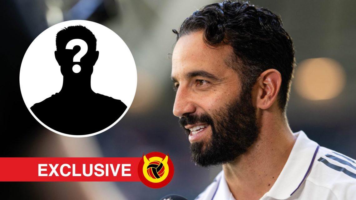 Ruben Amorim turned to the side smiling, wearing Manchester United polo. Inset Mystery player icon. Overlaid UIF logo and exclusives banner.