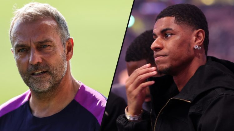 Manchester United player and Barcelona target Marcus Rashford, inset a photo of Hansi Flick in Barcelona training