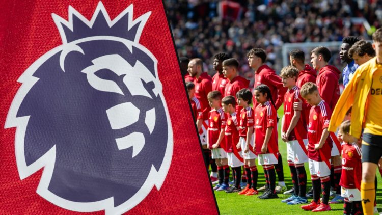 Manchester United players ahead of the Premier League match vs Wolves, inset a photo of the Premier League badge.