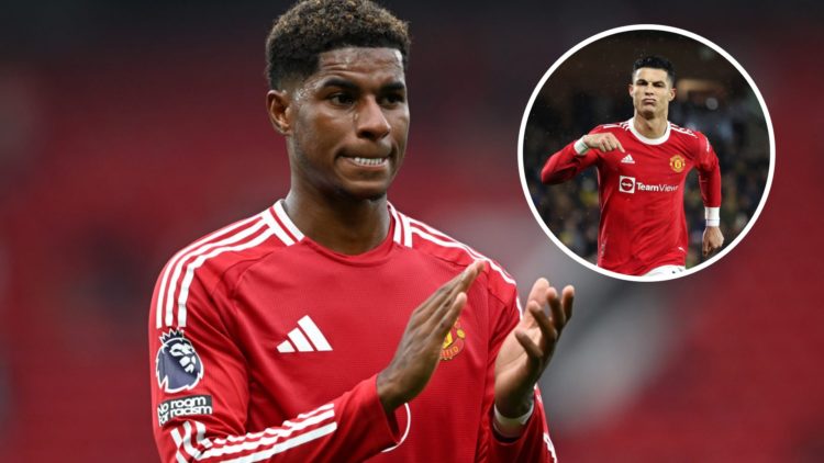 Manchester United's Marcus Rashford applauds fans, inset of Cristiano Ronaldo at Manchester United.